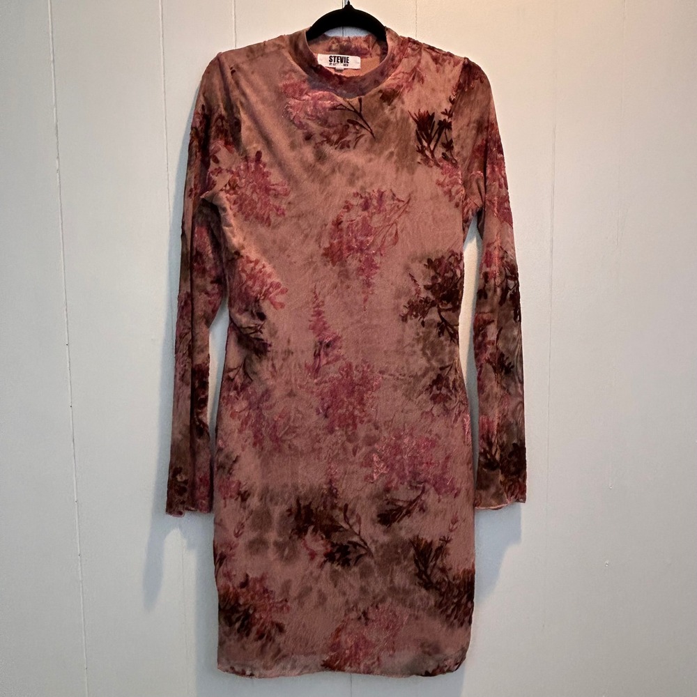 Stevie by Steve Madden Pink Floral Burnout Velvet Sheer Mesh Mock Neck Dress M